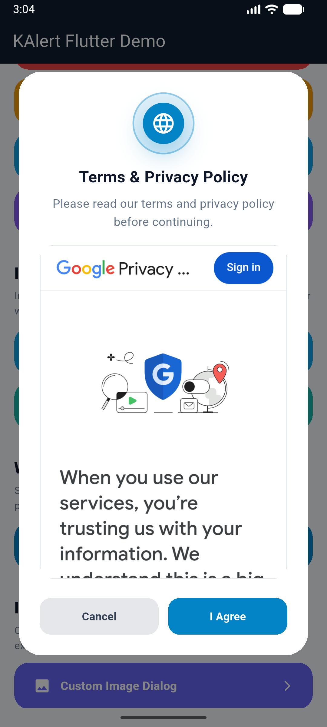 KAlertFlutter WebView Terms and Privacy Dialog
