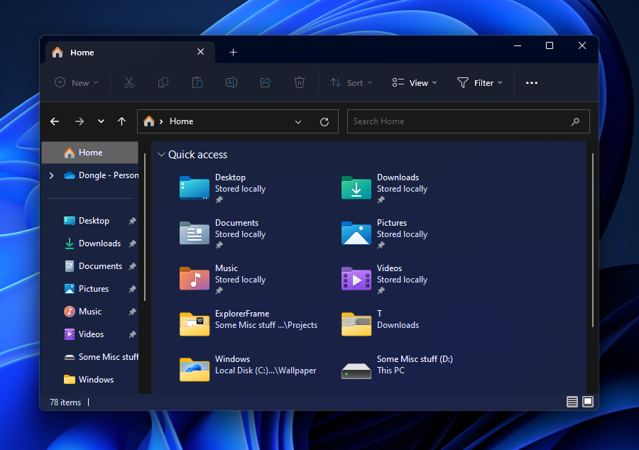 A File Explorer window with DWM frames extended into its client area using ExplorerFrame