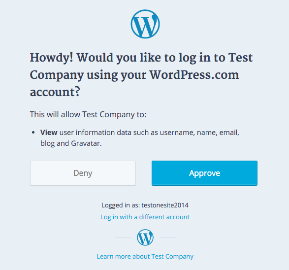 Pantalla de inicio de sesión de WordPress que solicita a los usuarios aprobar el acceso para Test Company, detallando la información que se visualizará, con opciones para aprobar o denegar.