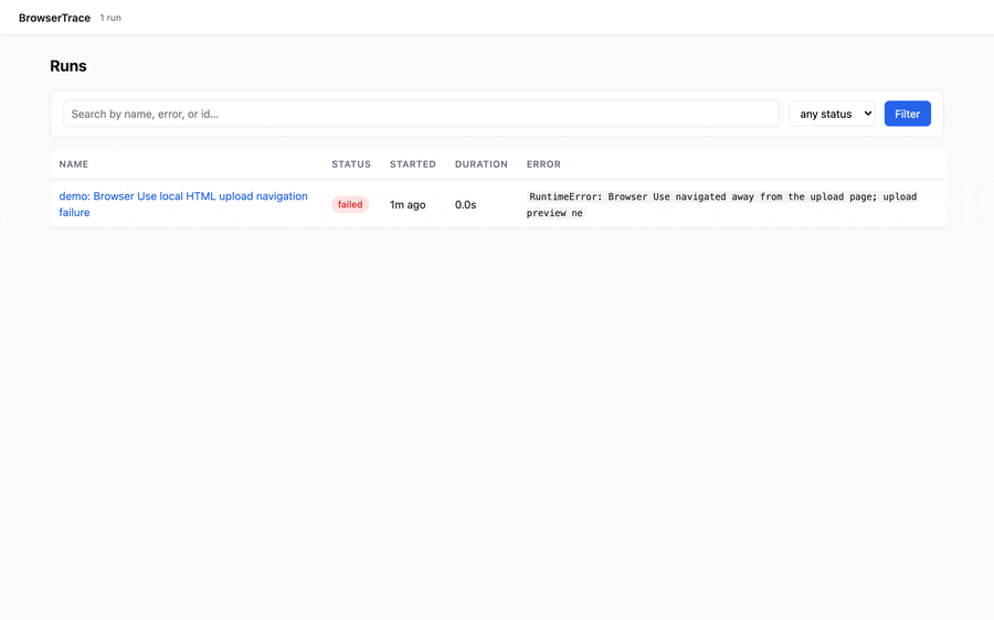 BrowserTrace failed browser-agent trace timeline showing the first red step