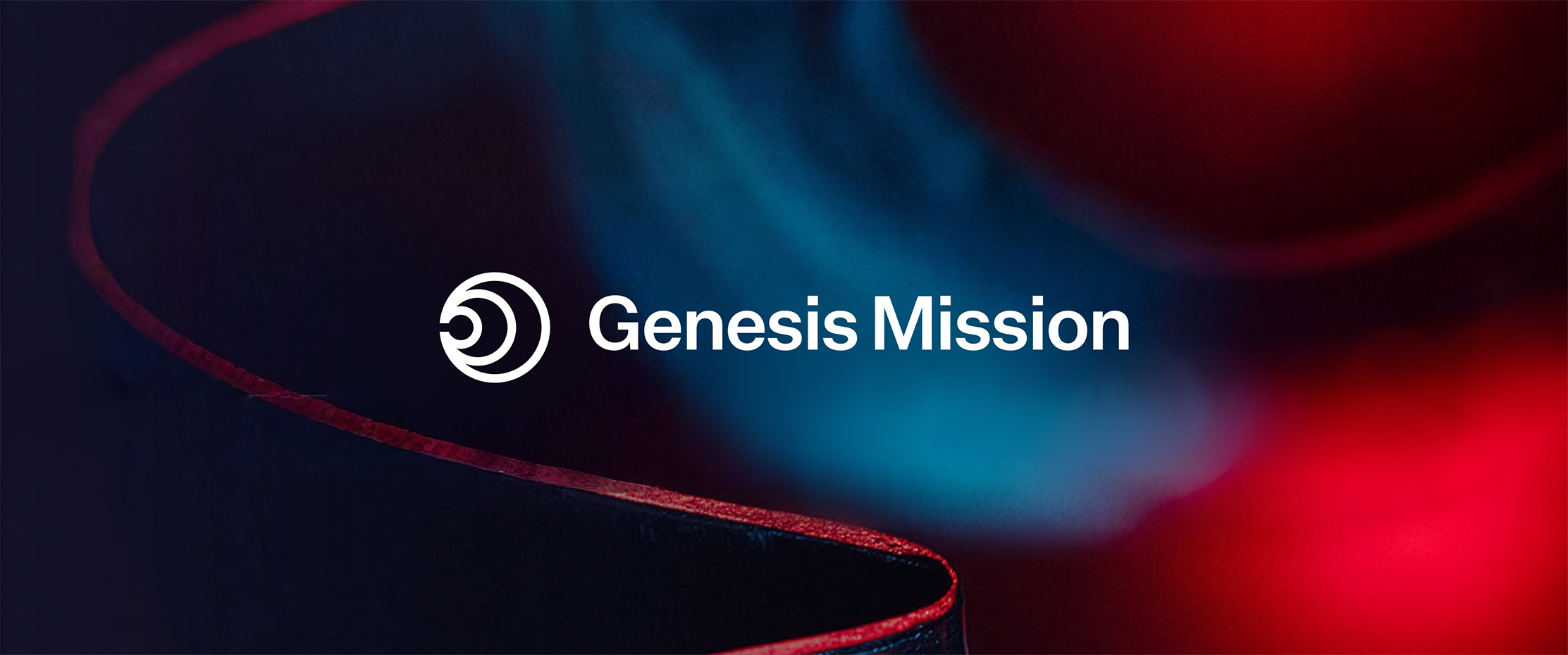 Blurred blue and red bokeh lights with a white logo spelling Genesis Mission over top.