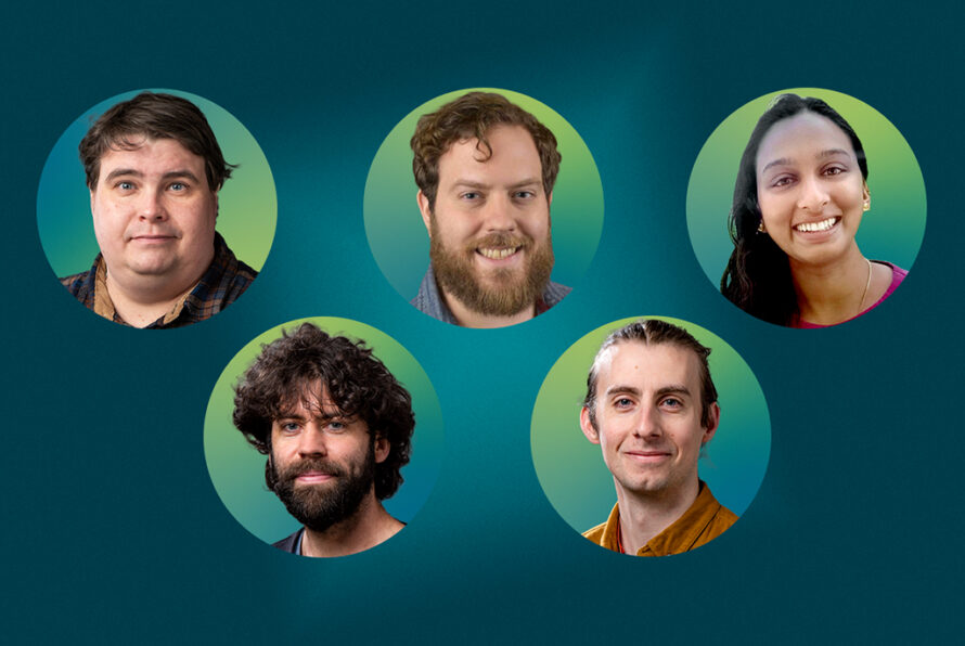 Five people's faces in circles