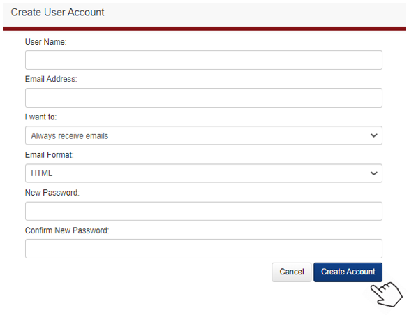Create User Account form. Illustration of the User Account form