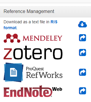 Reference Management Formats. Illustration showing the reference management software formats supported by Science.gov. From the top: 'RIS format,' 'Mendeley,' 'Zotero,' 'ProQuest RefWorks,' and 'EndNote Web' are listed in the image.