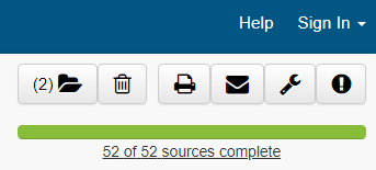 Sources Complete. Illustration of 'sources complete' notice. Reads '52 of 52 sources complete'.