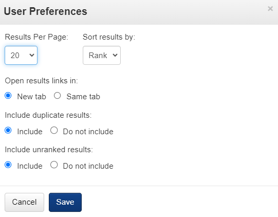 User Preferences Form. Illustration of the User Preferences form that appears when the wrench icon is clicked.