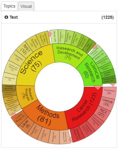 Visual Results Tab. Illustration of Visual Results shows a circular graph of topics, with the number of results in each topic and subtopic.